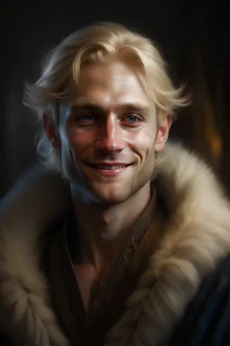 a man in his thirties, newly growing blond hair, round face, pale blue eyes, sinister smile, dressed in a fur robe, realistic epic fantasy style