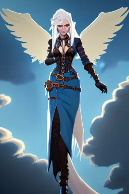 blue sky clouds, blonde steampunk angel in a flowing gown, majestic