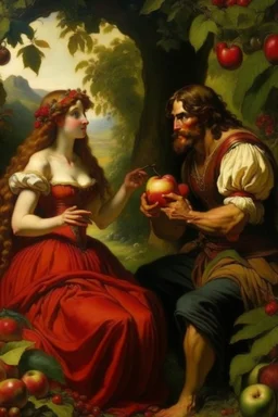 Carmen the Spanish gypsy girl tempts adam with an apple in the garden of Eden