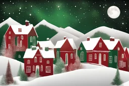 christmas enviroment, dark colours, green, red, white, houses on a hill and snow, starry night, backgrounddark mountains, scteched style, improvisation, details