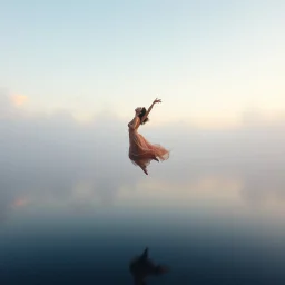 Award-winning surreal fine art photography of a woman gracefully floating above a calm lake at dawn, delicate mist surrounding the scene, soft pastel sky, cinematic lighting, extraordinary visual storytelling, dreamlike realism, professionally captured with a Hasselblad medium format camera, gallery exhibition quality, masterpiece, 64 k
