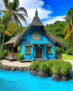 A blue island resort designed in Hawaiian tikis painted by Paul Gauguin