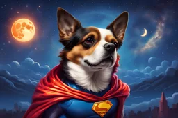 retrato de un perro super heroe con vestimenta en colores vibrantes fondo una noche estrellada iluminada con un eclipse lunar atmosfera de victoria