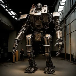 trash mech suit, human-sized, made of scrap metal, small,