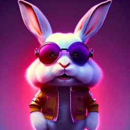 pixar style anamorphic cute rabbit baby, smiling, cyberpunk sunglass, gangsta gold neckless, full body, magenta puffer jacket, manila city backdrop, dramatic lighting, hyper realistic, unreal engine 5, 16k