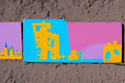 Sunny day, people, rocks, sand, distant modern city, stencil painting with color