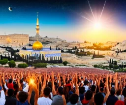 100,000,000 christians, men, women,and children, WORSHIPPING, dressed in white, beam of light from one jewish Temple, Jerusalem, hills and valley in background, dusk, andromeda GALAXY IN SKY