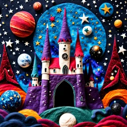 Detailed creepy castle made of felt, stars, galaxy and planets, sun, naïve, strong texture, extreme detail, Max Ernst, decal, rich moody colors, sparkles, Harry Potter style