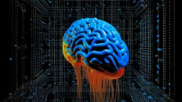 A digital photography by Moebius and Sorayama of a digital brain in a digital matrix. Colors are blue and orange.