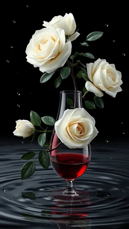 Elegant Wine Breathing Carafe Classic Red Wine Glass Table is a digital artwork that depicts a branch of tree of light black roses and leaves tanglingaThe rose floats on the bsurface of the water, creating a wave-like effect. The background is black, which makes a branch of a tree of white roses stand out even more. Water droplets are scattered adding