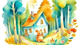 watercolor painting home of cartoony bear in the forest cute home