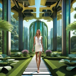 Highly detailed and intricate 3D fractal recursive art, featuring a single young woman/girl wearing fashionable modern clothing, walking directly towards the camera through a lush, futuristic villa garden. The garden is part of a larger technologically-advanced city, with towering skyscrapers and floating vehicles visible in the background. The garden itself is a verdant oasis, with exotic flora, flowing water features, and a seamless integration of natural and artificial elements. Holographic