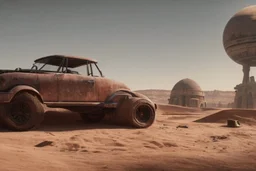 A Tesla 'Model Y' is parked, in Mos Eisley on the planet Tatooine. (CINEMATIC, WIDE ANGLE LENS, PHOTO REAL)