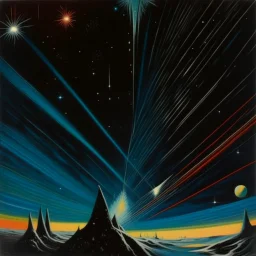 A black outer space with fast shooting stars painted by Max Ernst