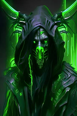 Cyberpunk Angel of death in black outfit with green neon accents, he has terryfing mask on face, and has horns on head, he's hooded, he has long black hair - man's portrait from afar, photorealistic