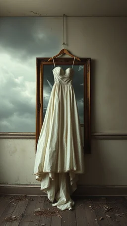 An old dusty wedding dress hanging on the wall in front of broken big mirror on the wall of an abandoned room , stormy foggy sky in the background, Bosch painting style, sad and tragic and dark scenes