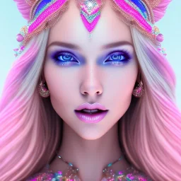 beautiful, soft, big smile face, whole head, long straight blonde hair blues eyes, crown on the head, clothing in transparent bluish and pink veil, background brillante bluish and pink, hight definition, 8K