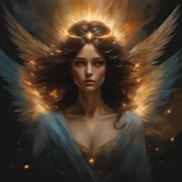 a female angel of light, divine creatures messengers of the kingdom of heaven, protectors. illuminated composed of fire and light. luminous beings with wings and halos, celestial beings.. detailed cinematography, sharp focus :: mysterious esoteric atmosphere :: matte digital painting by Jeremy Mann + Carne Griffiths + Leonid Afremov, black screen, dramatic shading, detailed face