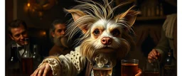 hårete gremlin dog bartender med vind i håret på fest malt av Rembrandt