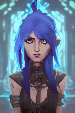 steampunk elf with blue hair in a neon dystopian forest