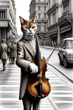 One single mature cat playing violin on the street, Vienna, friendly, model style, hyper realistic, extremely accurate, delicate, extremely detailed, Graphic novel style, wide-angle, open aperture, superfine pencil