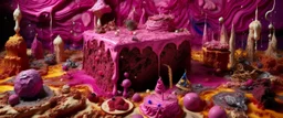 A pinkish purple and reddish magenta dream realm made out of cakes and cookies designed in cave paintings painted by Jackson Pollock