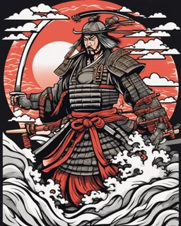 illustration for t-shirt design of a japanese samurai, vector illustration, optimize for bold lines, vibrant colors suitable for printing, centered, isolated, illustration, vibrant