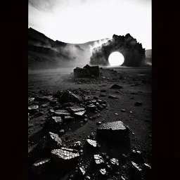 A striking quality Kodak photograph captures a wasteland with creepy, details of the dust very accentuated, glossy organic mass, adorned with minerals and rocks. Bathed in intense light, eerie, Mastyle, black sun, fog