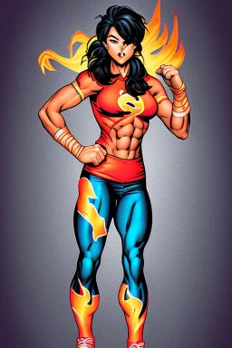 fighter girl with fire in her fist ready to fight tight sport shirt and leggins jim lee style