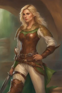 A beautiful woman with blond hair and green eyes. Brown leather armor.