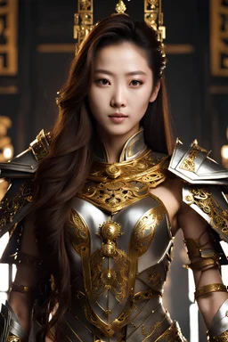 Half body Photography,very beautiful Modeling Chinese Woman,full body,looking front view,brown long hair, mechanical,delicate gold,silver metalic parts, golden parts, intricate armor, detailed part,Movie Still