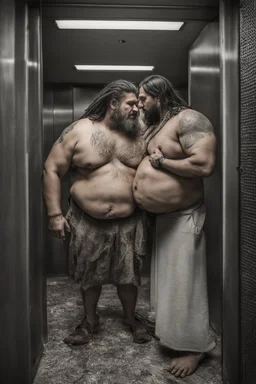 half figure shot photography of two ugly gypsies close, face to face, 41 years old with dreadlocks, overweight muscular chubby, tattoo, beard, bullneck, shirtless, manly chest, hairy torso , embraced, broken short pants,, angry eyes, in an elevator, top light, ambient occlusion, photorealistic, side view from the ground