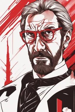 an intimidating disgusted and menacing looking Hans Gruber wearing red-tinted glasses