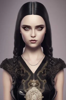 Detailed Wednesday Addams, black hair buns, black bangs, black latex bodysuit, intricate details, full body portrait, keep head in frame, slight smile, concept art, highly detailed, digital painting, concept art, sharp focus, illustration, HDR, octane render