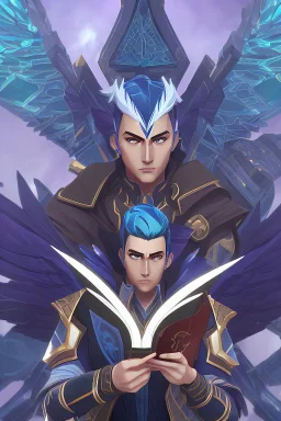 a human male with blue short hair and blue wings in assymetrical armor with geometric patterns and a book in hand