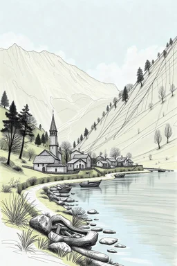 a sketch of a small village by the river