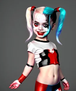 Harley quinn toddler, full body, soft skin, dramatic lighting, hyper realistic