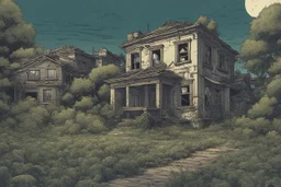 house, overgrown apocalyptic city background, comic book,
