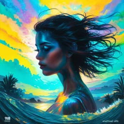 piece of album art with woman silhuette fusion in light, abstract style album cover, high level of noise and subtle texture, psychedelic cover, vibrant colors, ethereal sky landscape, shapes and waves.