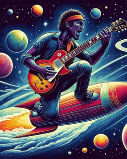 Rock and Roll Guitar Player playing a six string les paul guitar and Surfing on a Rocket in outer space with colorful planets around him in the style of Laurel Burch.