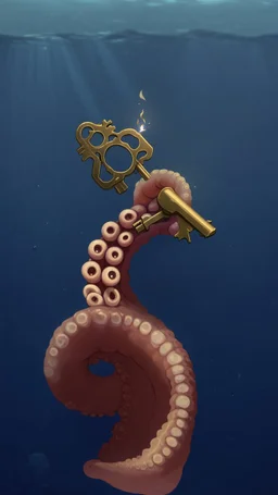 An octopus tentacle reaching out from the depths, holding an ancient key, flickering with light. It may be dark all around, but the key itself is bright and clear.