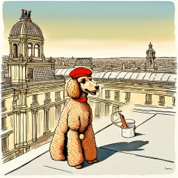 Vintage drawn illustration of a poodle wearing a beret and smoking a cigarette on the rooftop of the Louvre, french illustration, highly detailed, color pencils, vogue