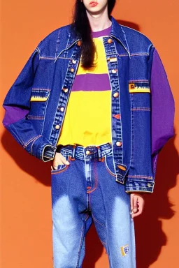 year 1996 denim fashion. Loose fit, low waist. Colors: denim blue, blue, purple, khaki, light green, lilac, plum, orange, terracotta, red, light yellow, lion yellow, pink, dark blue, beige.