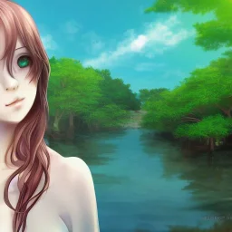 Insanely portrait of beautiful girl day, sunny, relaxing, sea, trees, real details anime style, realistic, glowing forest, 8k