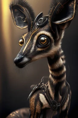 okapi lamb meerkat,hyperrealism, masterpiece, expert, 8K, dramatic lighting, sharp focus, dark, black, steampunk