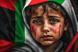 A crying Palestinian child in a broken hospital, Palestine flag, neon effect , close picture, highly detailed, high details, detailed portrait, masterpiece,ultra detailed, ultra quality