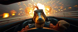 weird perspective worried human race car driver close up portrait of dj platypus duck pilot looking down on cam, with background in the style of escher and giger, a chill contrapunctus fugue in the style of fsol, beethoven, goa trance breaks, dancefloor drum and bass, burning cars, fire and explosions