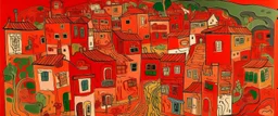 An orangish red village with a fiery dragon palace painted by Jean Dubuffet