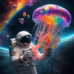 Astronaut holding a rainbow jellyfish in space, nebula in bakcground, Liquid Structure, Splash, professional, Photography, Intricate Patterns, Ultra Detailed, Luminous, Radiance, beautiful, Ultra Realism, Complex Details, Intricate Details, 16k, HDR, High Quality, Trending On Artstation, Sharp Focus, Studio Photo, Intricate Details, high contrast, bright vibrant colors