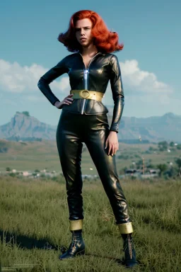 retro portrait image from 1960, sky background, wind, long red hair, fighting stance, sweet young Scarlett Johansson, black dress, classic tight lycra black suit, weapon, gold bracelet and belt, high heel boots, soft color, highly detailed, unreal engine 5, ray tracing, RTX, lumen lighting, ultra detail, volumetric lighting, 3d, finely drawn, high definition, high resolution.